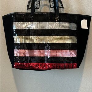 Victoria's Secret Black and Sequin Stripe Tote